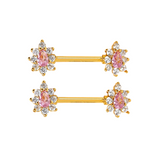 Gold Pink CZ Flower Nipple Bars