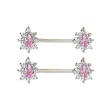 Silver Pink CZ Flower Nipple Bars
