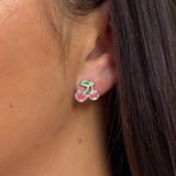 Silver Red Cherry Stud Earrings