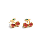 Gold Red Cherry Stud Earrings