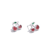 Silver Red Cherry Stud Earrings