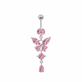 Silver Pink Dangling Butterfly Belly Bar