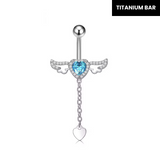 Silver Blue Diamante Angel Wings Titanium Belly Bar