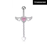 Silver Pink Diamante Angel Wings Titanium Belly Bar