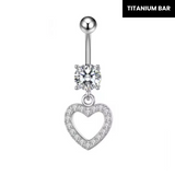 Silver Heart Gemstone Titanium Belly Bar