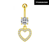 Gold Heart Gemstone Titanium Belly Bar