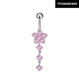 Pink Flower Dangling Titanium Belly Bar