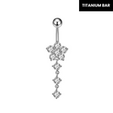 Silver Flower Dangling Titanium Belly Bar