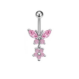 Pink Butterfly Dangling Titanium Belly Bar