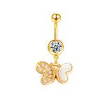Gold White CZ Butterfly Belly Bar
