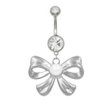 Silver Pearl Dangling Bow Belly Bar