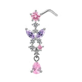 Purple Dangling Butterfly Nose Stud - Silver