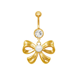 Gold Pearl Dangling Bow Belly Bar