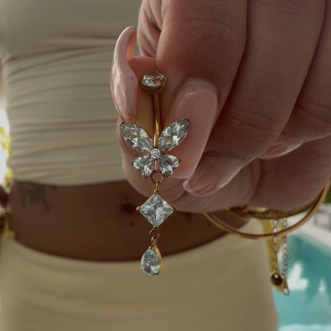 Blue Butterfly Gold Titanium Dangling Belly Bar - ILLUSIVE JEWELS
