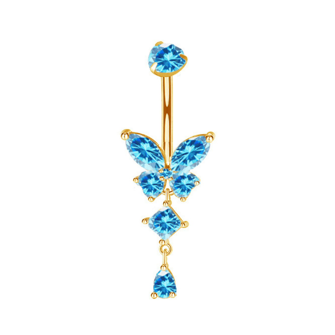 Blue Butterfly Gold Titanium Dangling Belly Bar - ILLUSIVE JEWELS