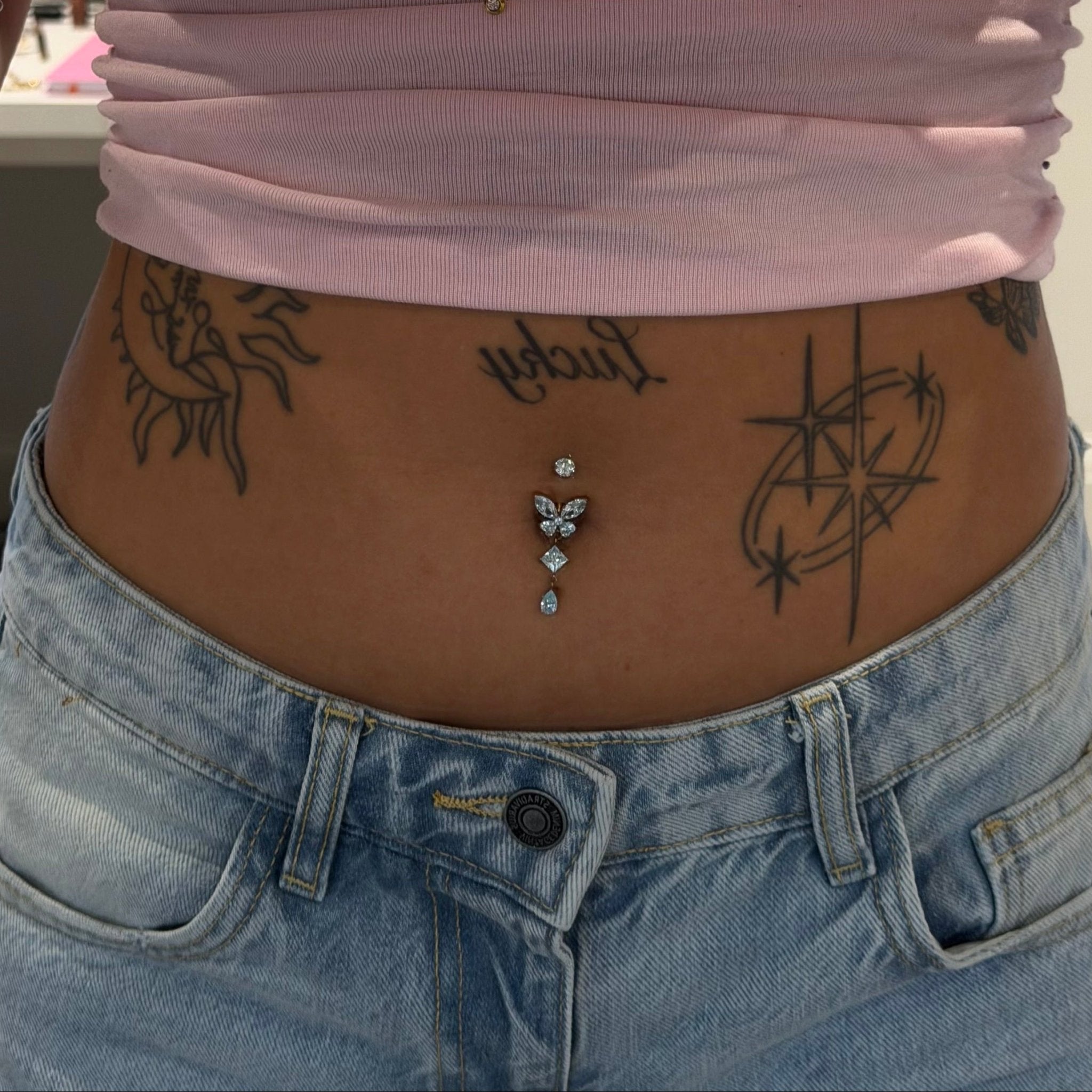 Blue Butterfly Gold Titanium Dangling Belly Bar - ILLUSIVE JEWELS