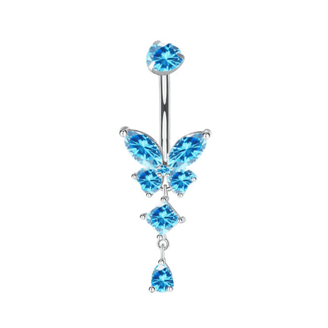 Blue Butterfly Silver Titanium Dangling Belly Bar - ILLUSIVE JEWELS