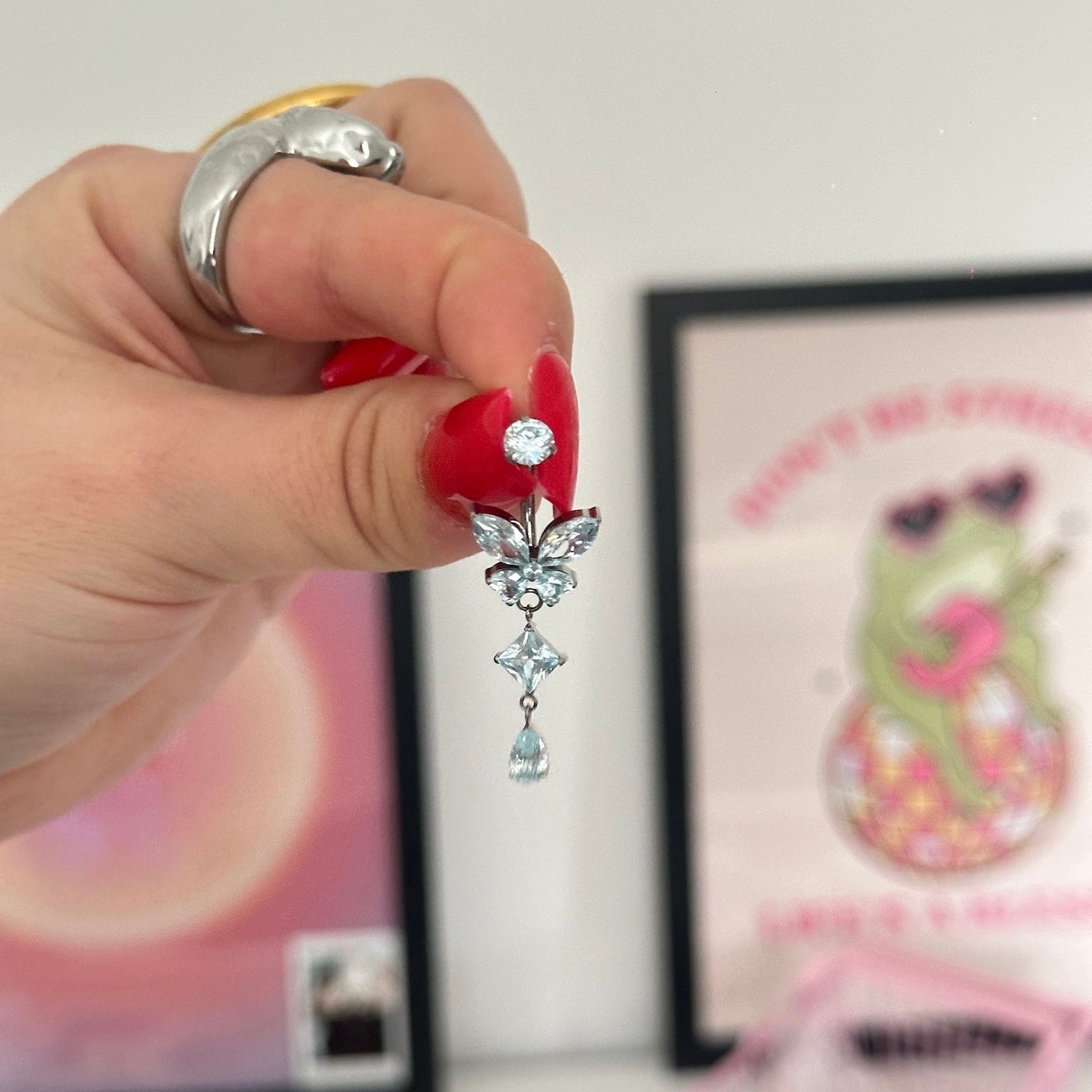Blue Butterfly Silver Titanium Dangling Belly Bar - ILLUSIVE JEWELS