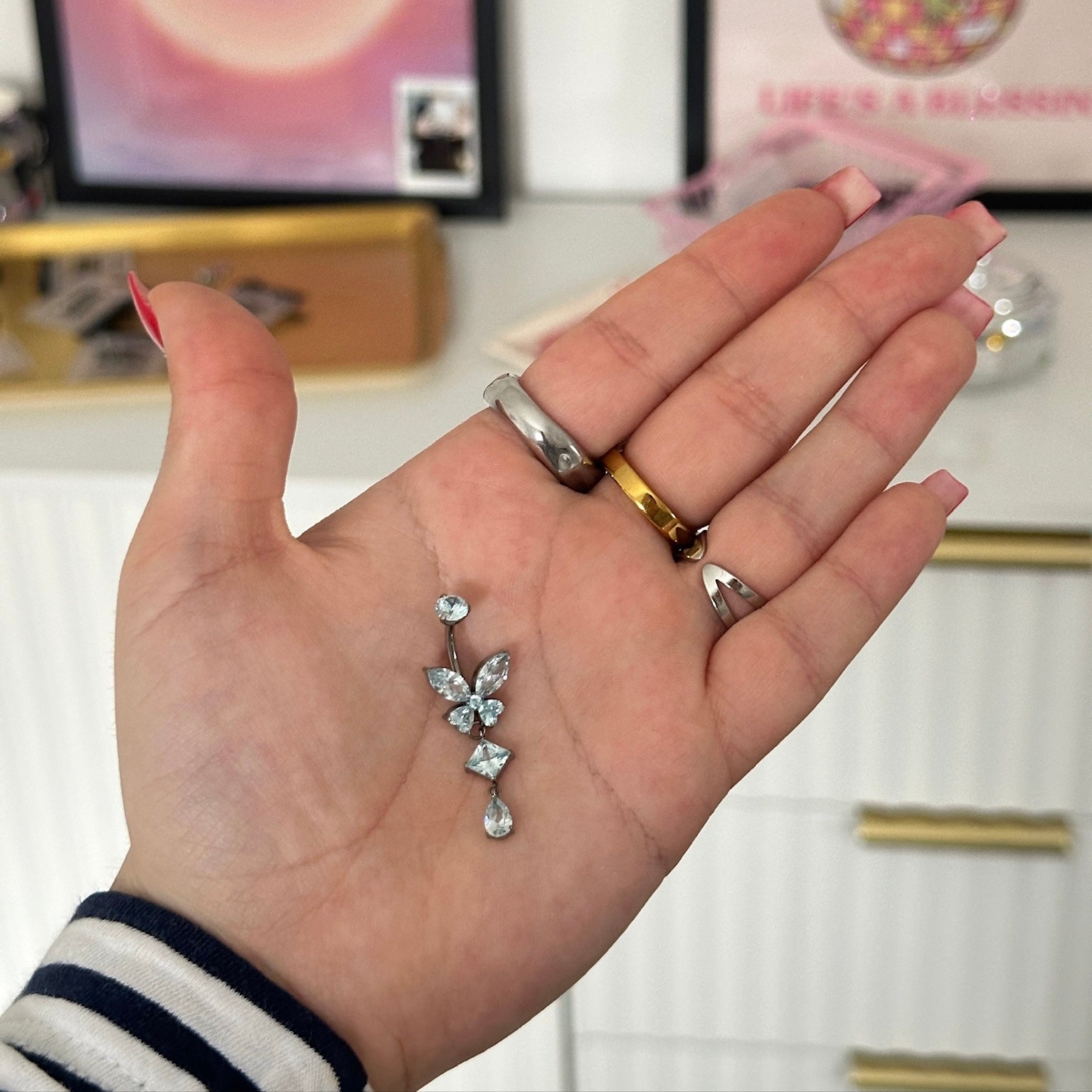 Blue Butterfly Silver Titanium Dangling Belly Bar - ILLUSIVE JEWELS