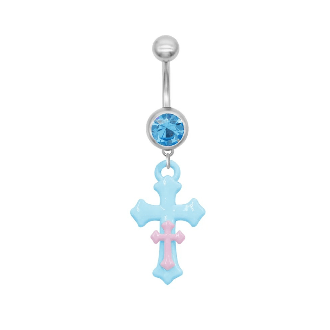 Blue Pink Cross Belly Bar - ILLUSIVE JEWELS