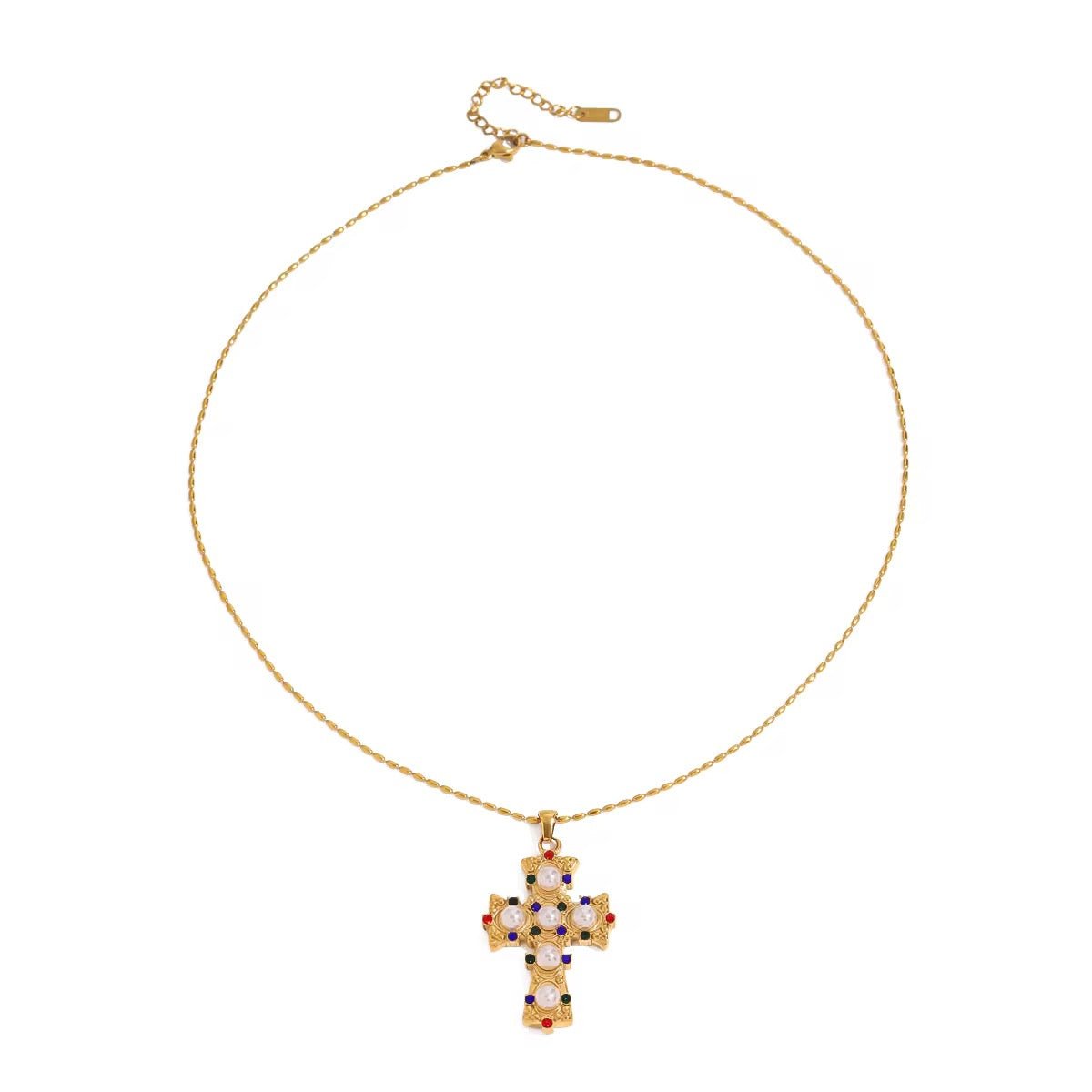 Colourful Pearl Cross Gold Necklace - ILLUSIVE JEWELS