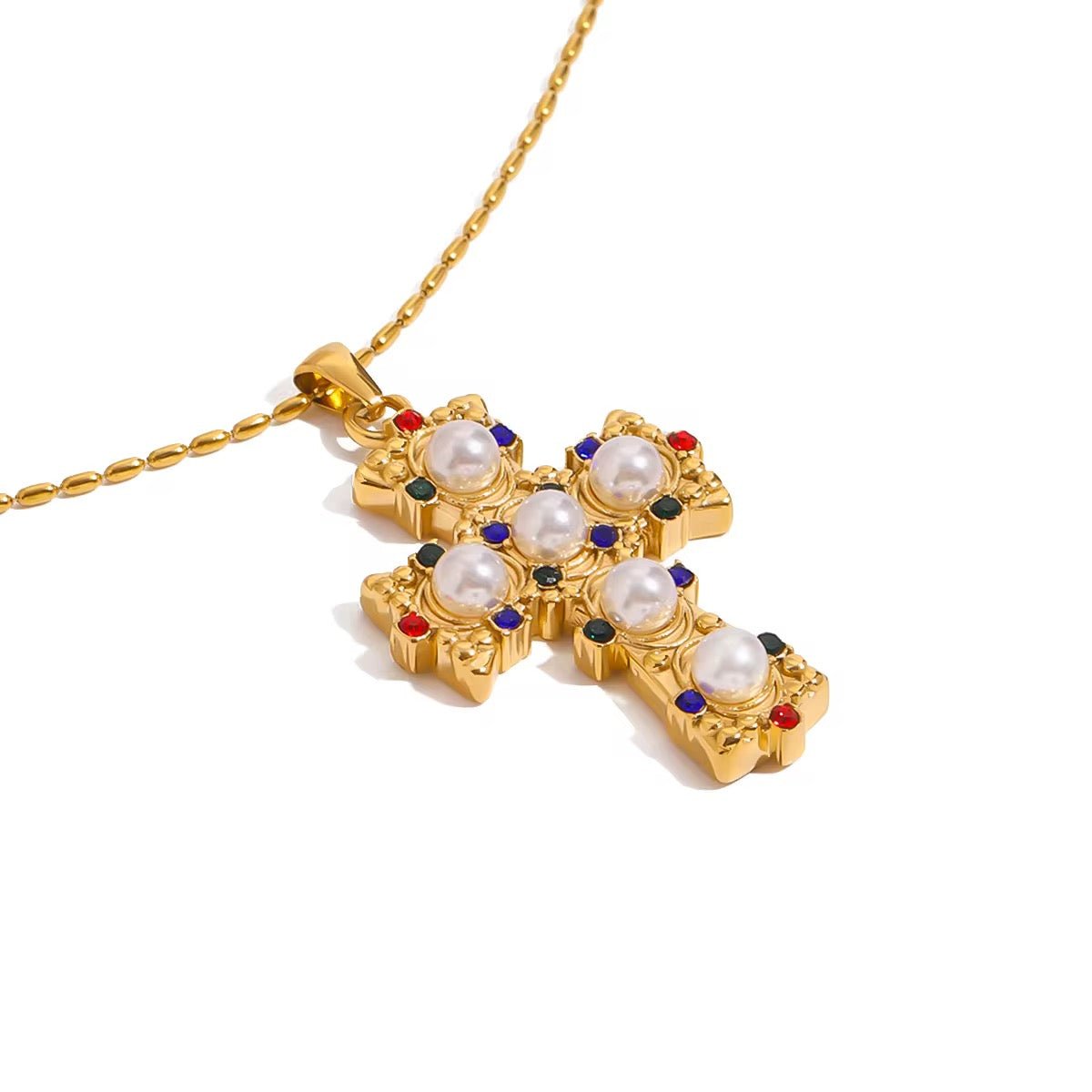 Colourful Pearl Cross Gold Necklace - ILLUSIVE JEWELS