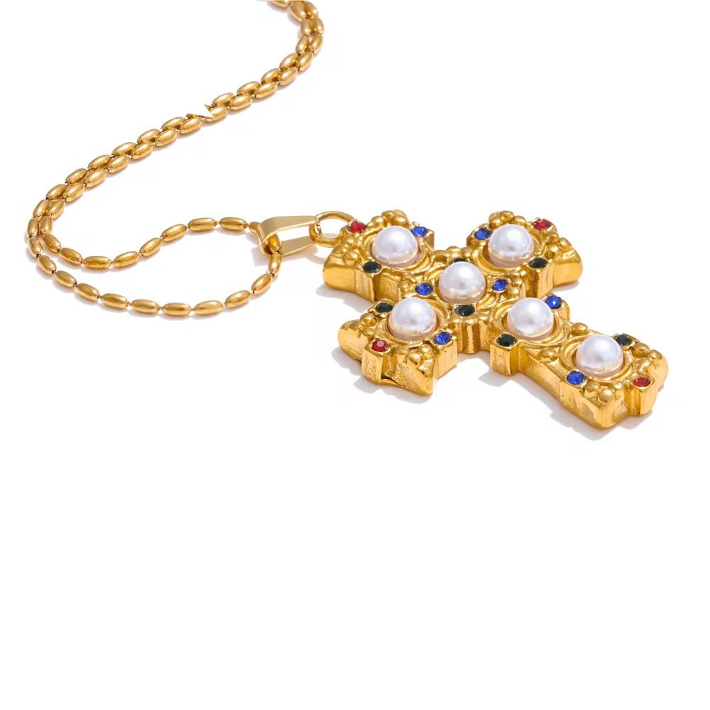 Colourful Pearl Cross Gold Necklace - ILLUSIVE JEWELS