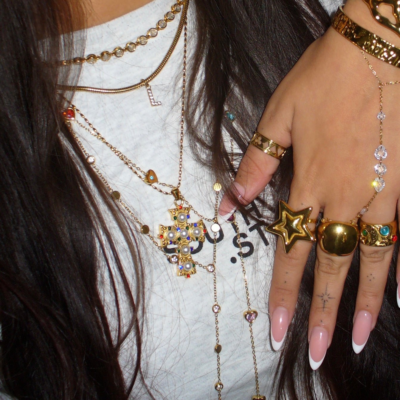 Colourful Pearl Cross Gold Necklace - ILLUSIVE JEWELS