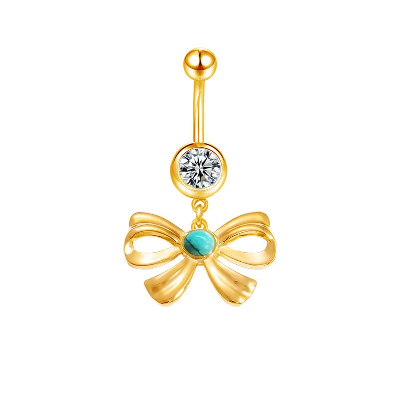 Gold Blue Dangling Bow Belly Bar - ILLUSIVE JEWELS