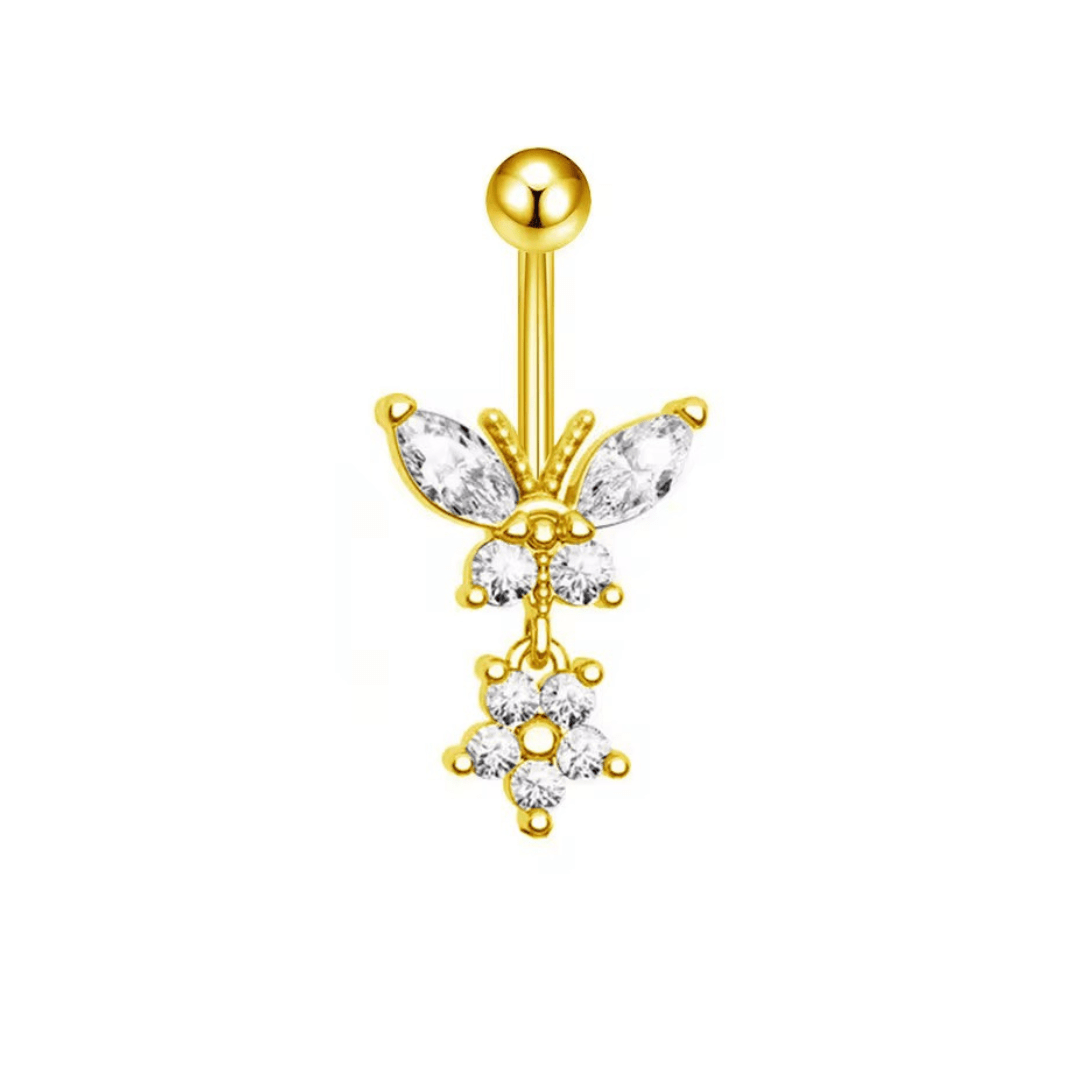 Gold Butterfly Dangling Titanium Belly Bar - ILLUSIVE JEWELS