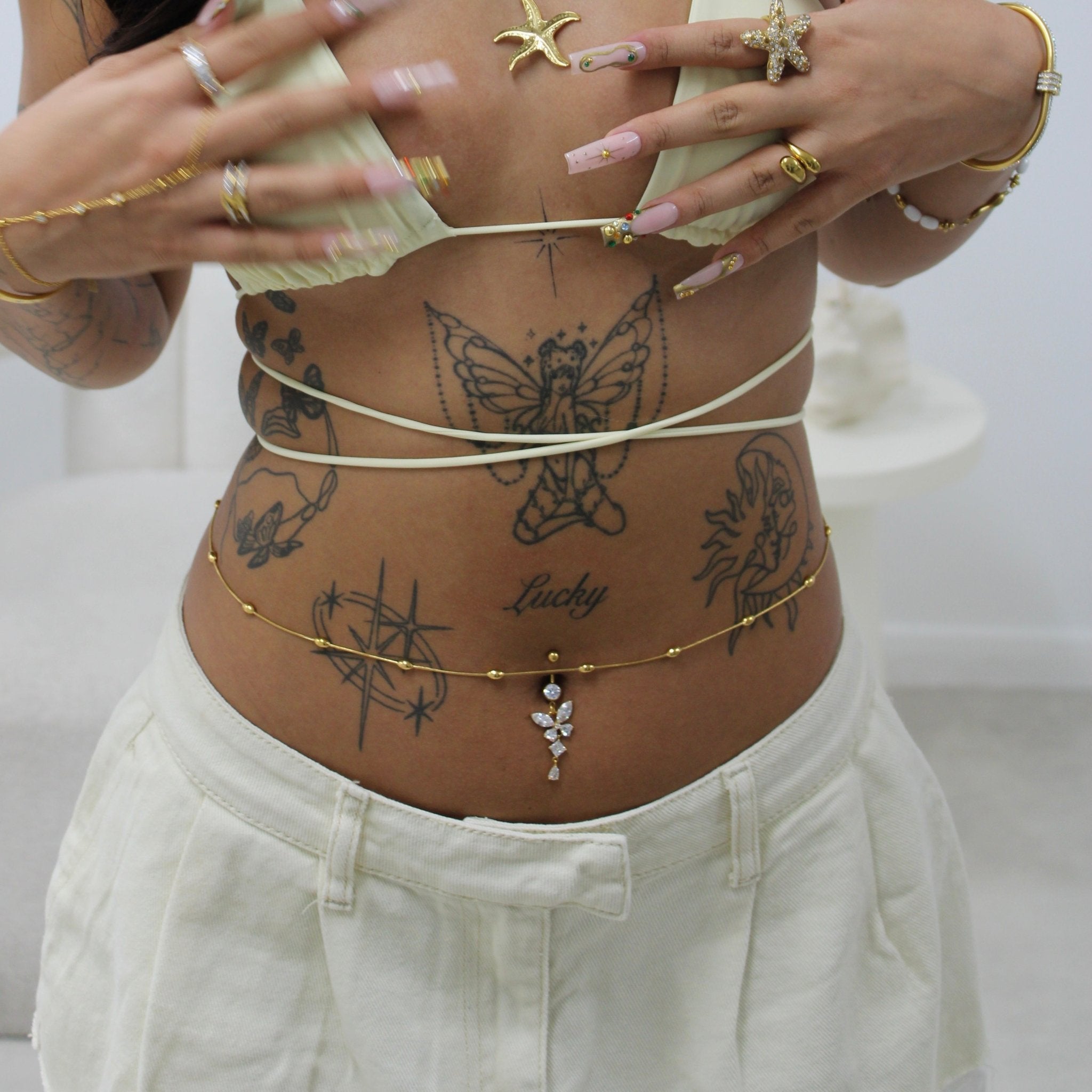 Gold Dangling Butterfly Belly Bar - ILLUSIVE JEWELS