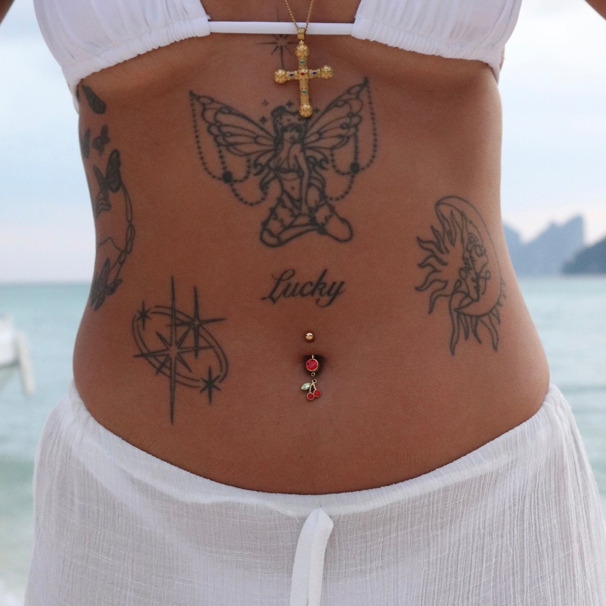 Gold Dangling Cherry Belly Bar - ILLUSIVE JEWELS