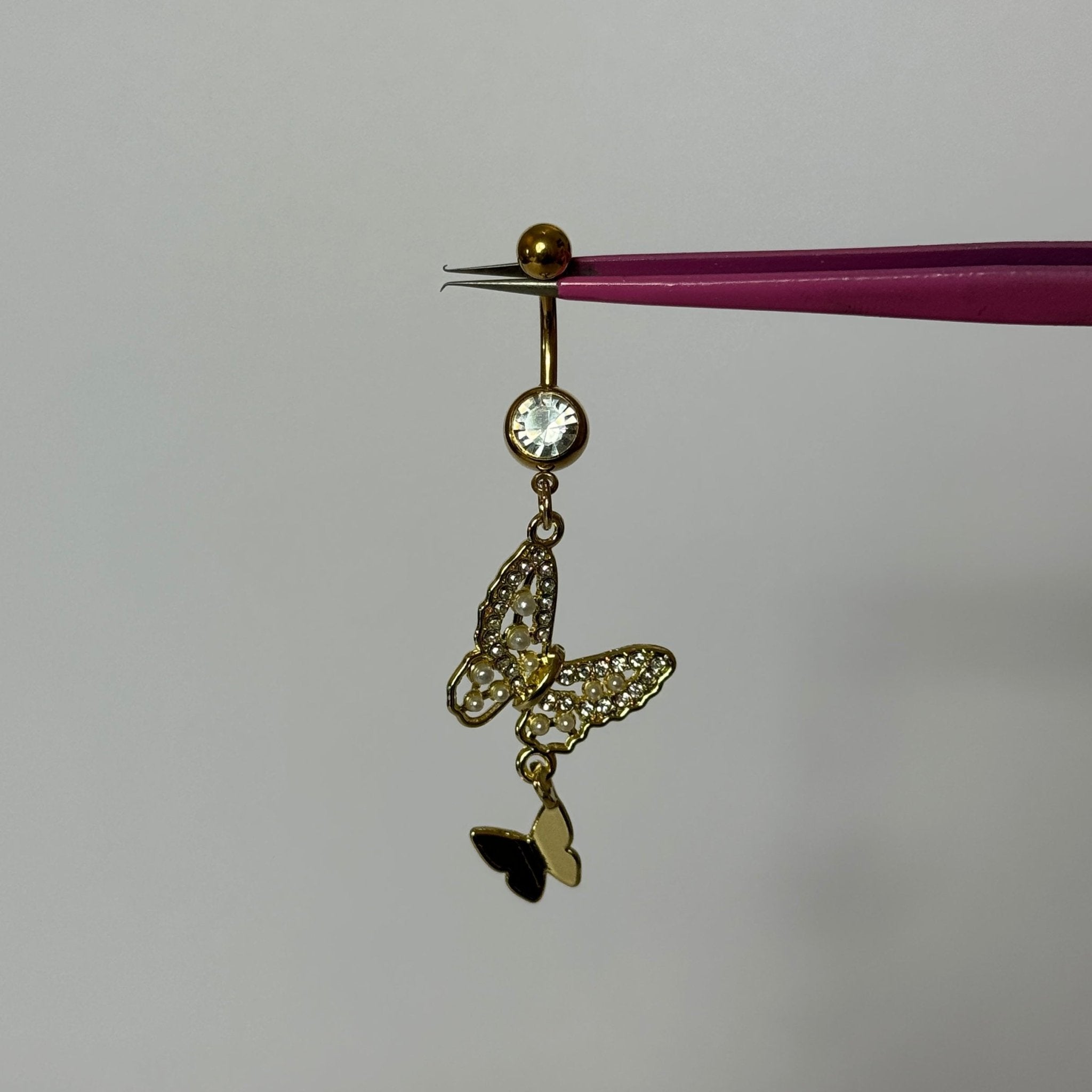 Gold Dangling Diamante Butterfly Belly Bar - ILLUSIVE JEWELS