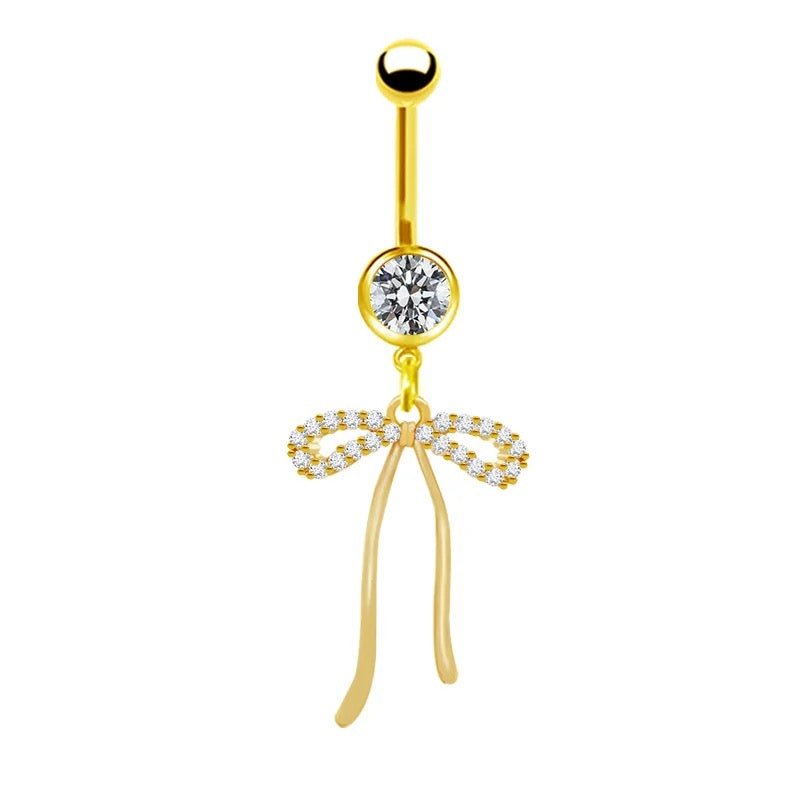 Gold Dangling Long Bow Belly Bar - ILLUSIVE JEWELS