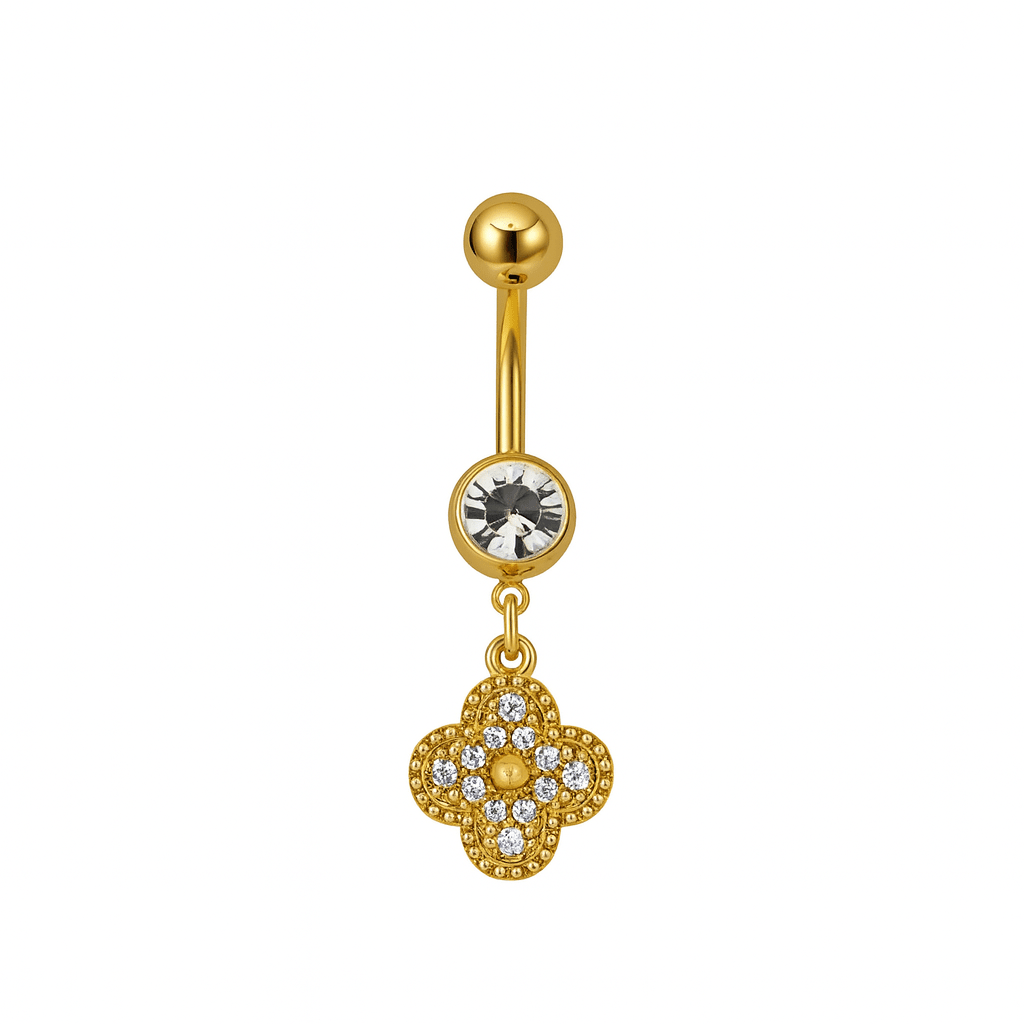 Gold Diamante Clover Belly Bar - ILLUSIVE JEWELS