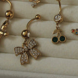 Gold Diamante Dangling Bow Belly Bar - ILLUSIVE JEWELS