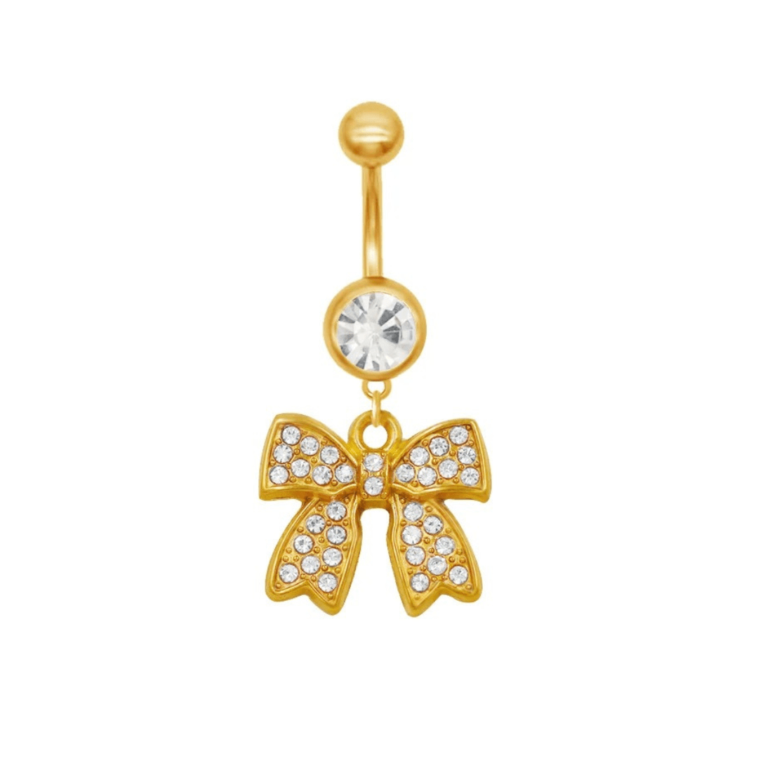 Gold Diamante Dangling Bow Belly Bar - ILLUSIVE JEWELS