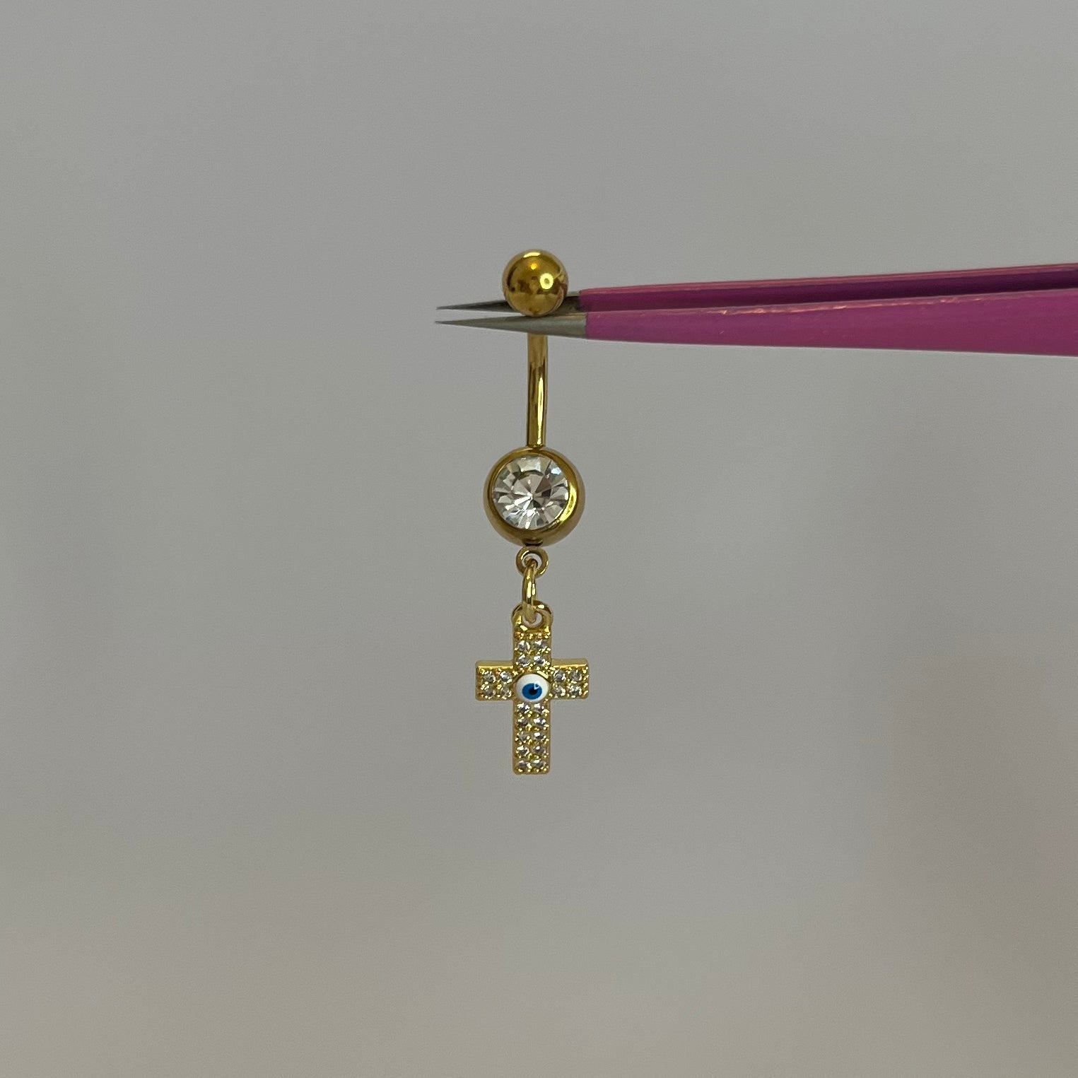 Gold Evil Eye Cross Belly Bar - ILLUSIVE JEWELS