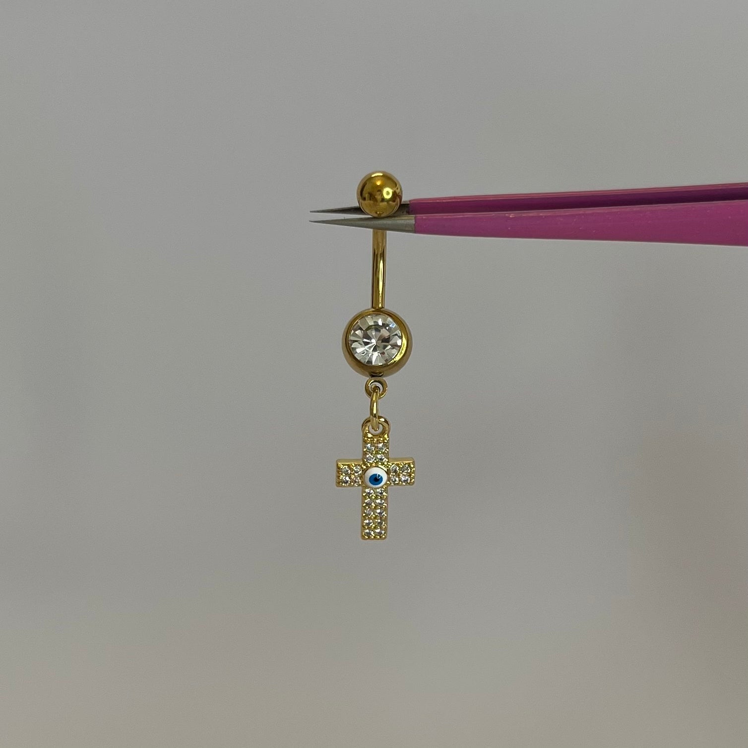 Gold Evil Eye Cross Belly Bar - ILLUSIVE JEWELS