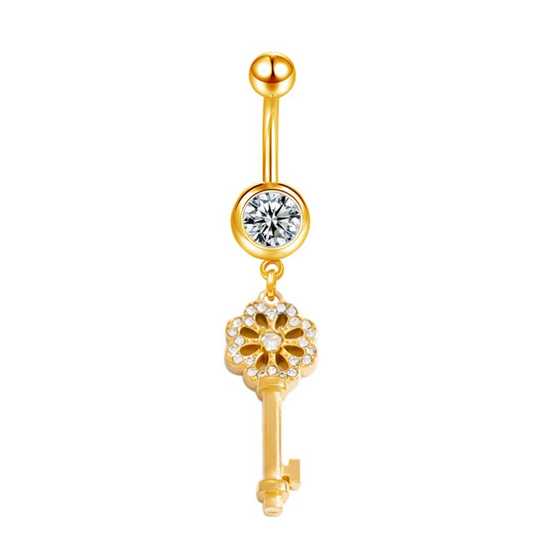Gold Flower Key CZ Belly Bar - ILLUSIVE JEWELS