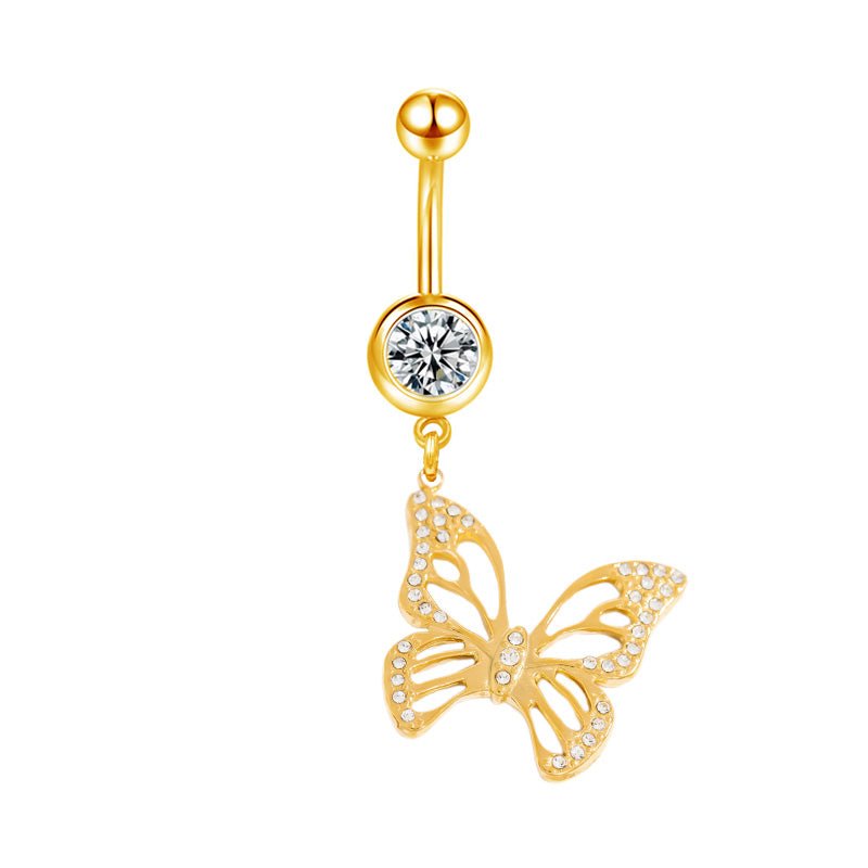 Gold Hollow CZ Butterfly Belly Bar - ILLUSIVE JEWELS