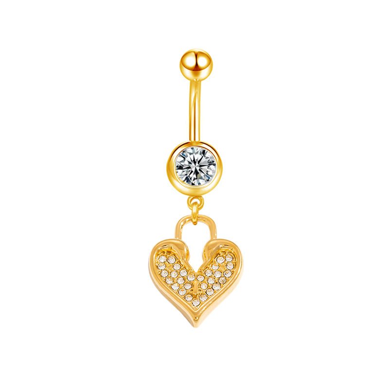 Gold Lock Heart CZ Belly Bar - ILLUSIVE JEWELS
