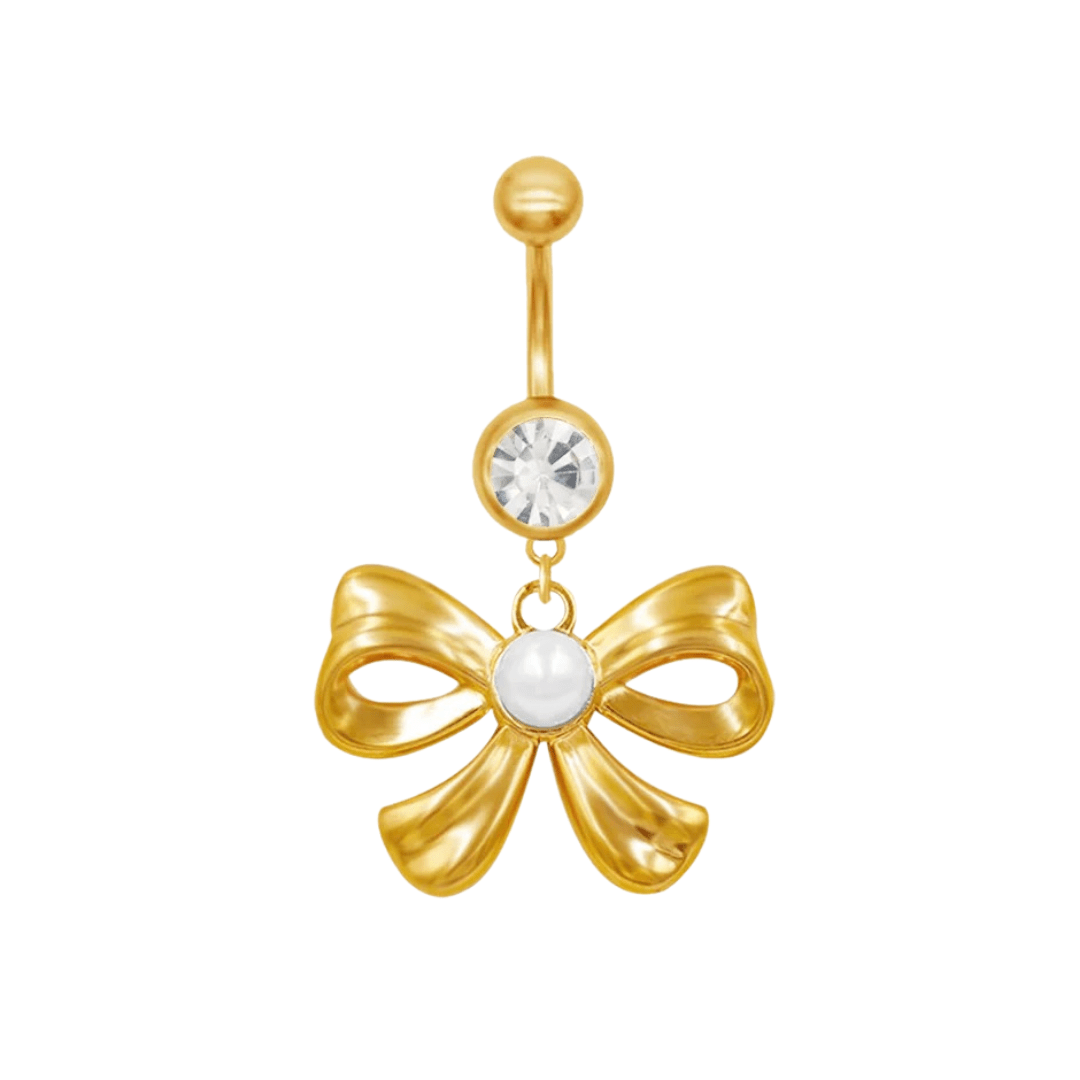 Gold Pearl Dangling Bow Belly Bar - ILLUSIVE JEWELS