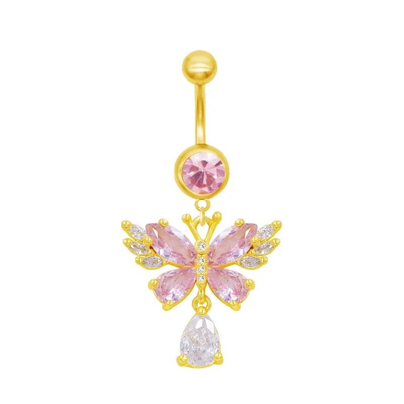Gold Pink Angel Butterfly Belly Bar - ILLUSIVE JEWELS