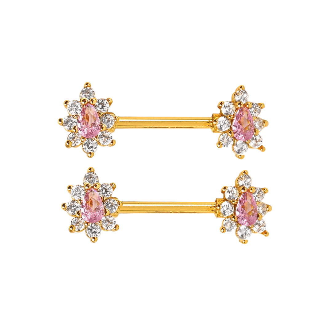 Gold Pink CZ Flower Nipple Bars - ILLUSIVE JEWELS