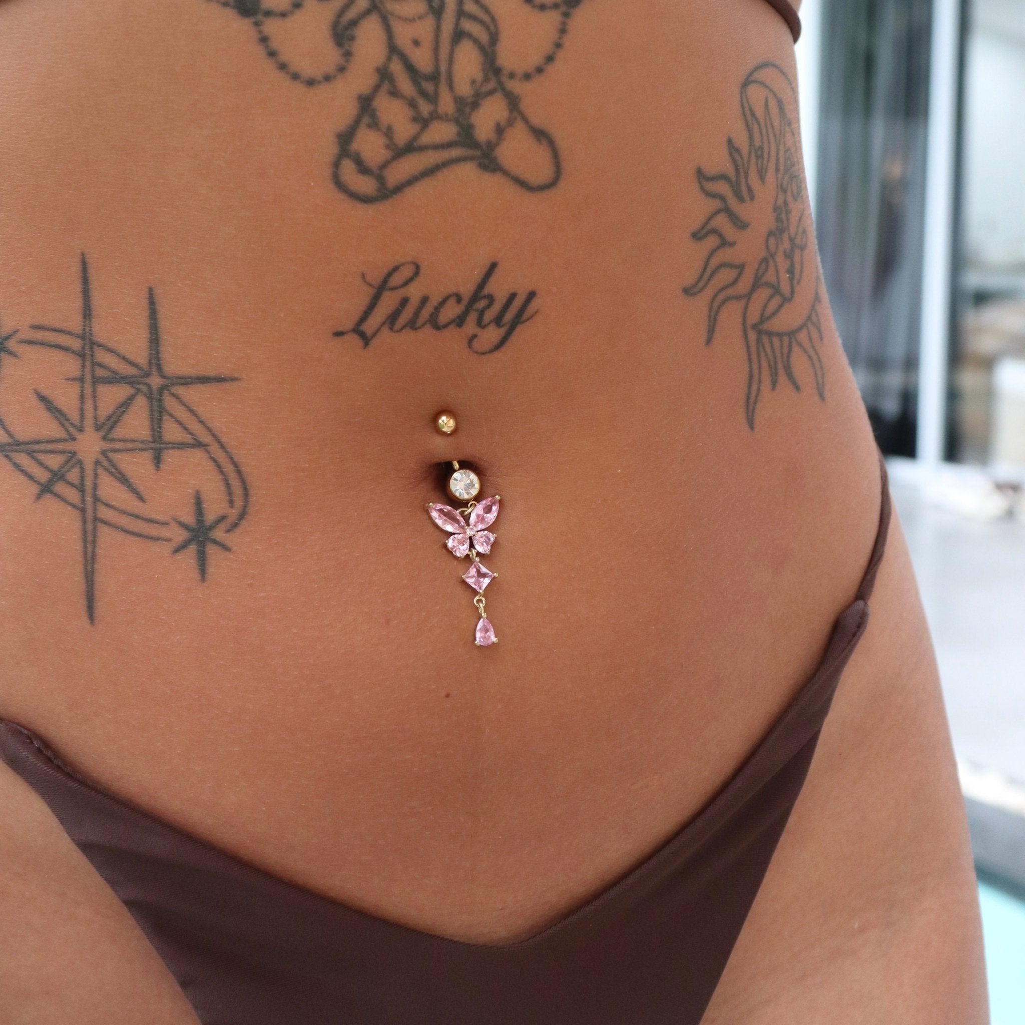 Gold Pink Dangling Butterfly Belly Bar - ILLUSIVE JEWELS