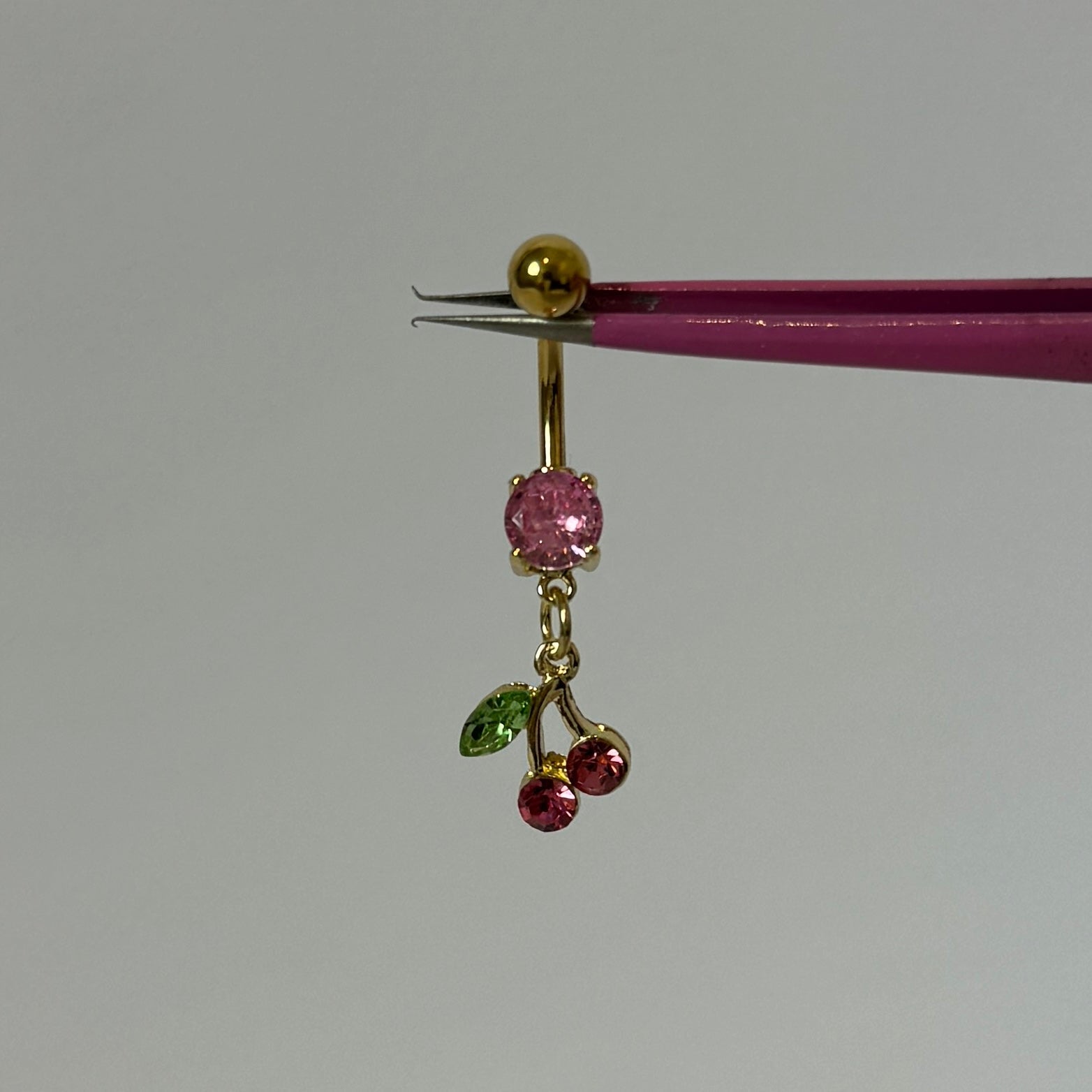 Gold Pink Dangling Cherry Belly Bar - ILLUSIVE JEWELS
