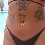 Gold Pink Diamante Dangling Bow Belly Bar - ILLUSIVE JEWELS