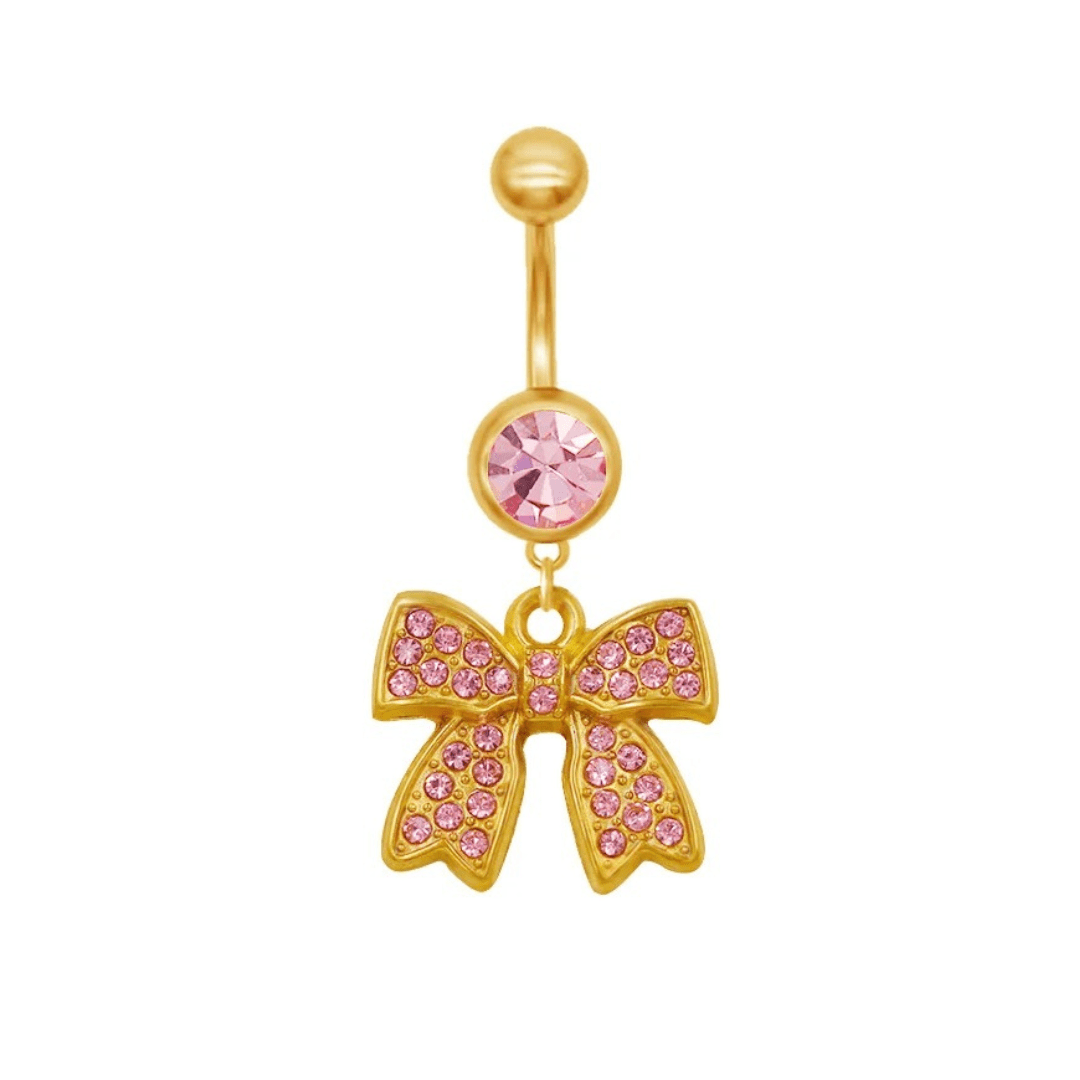 Gold Pink Diamante Dangling Bow Belly Bar - ILLUSIVE JEWELS