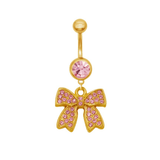 Gold Pink Diamante Dangling Bow Belly Bar - ILLUSIVE JEWELS